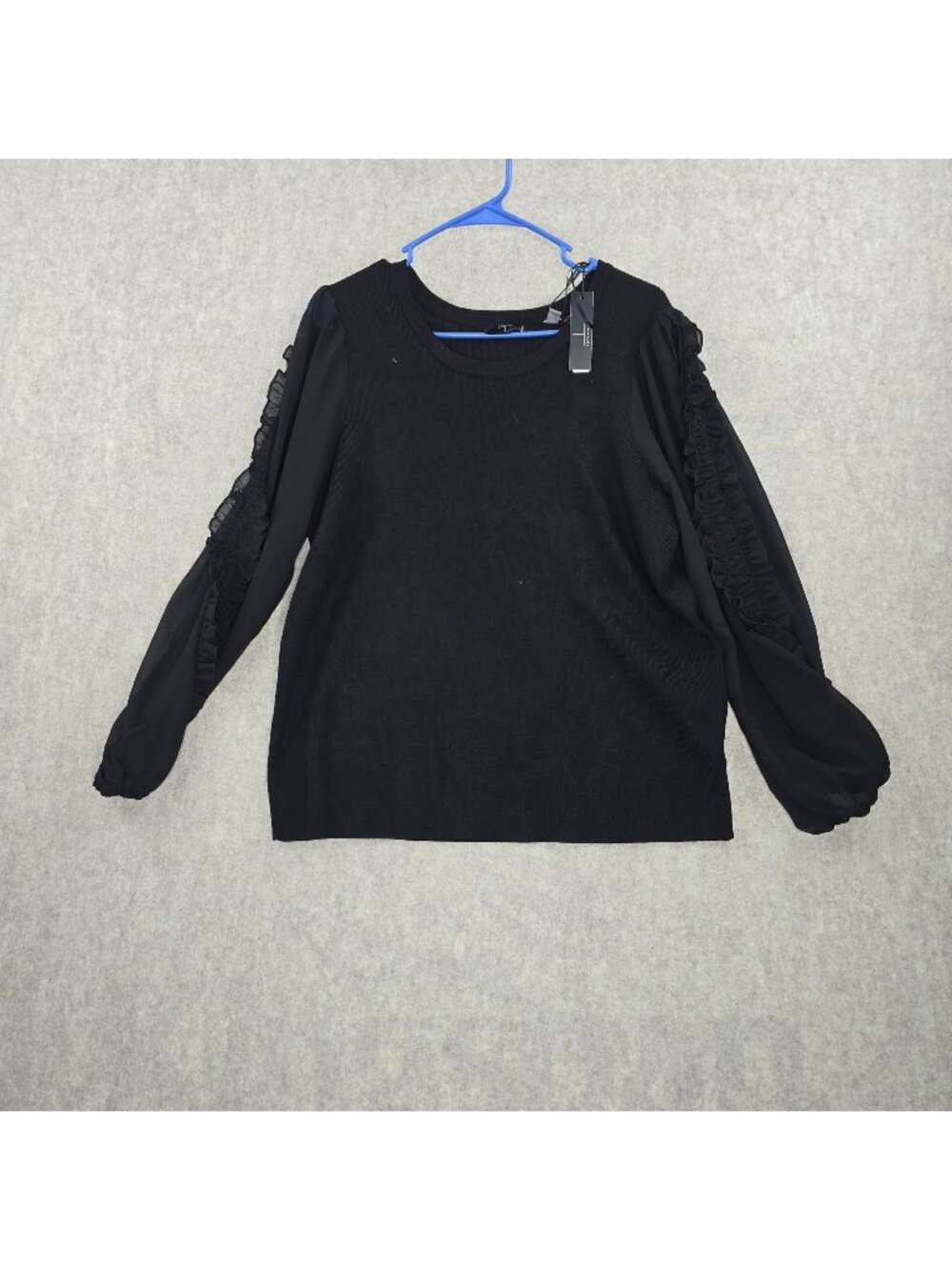 Tahari Woman Womens Black Long Sleeve Ruffled Top 1X Rayon Blend Pullover Style